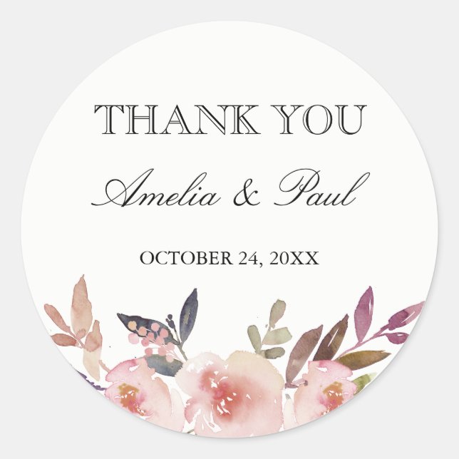 Watercolor Peonies Boda Gracias Pegatina (Anverso)