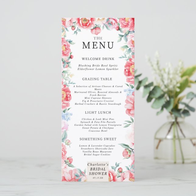 Watercolor Peony Bridal Shower Menú (Anverso de pie)