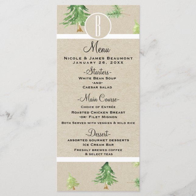 Watercolor Pine Trees Kraft Winter Wedter Menu (Anverso)