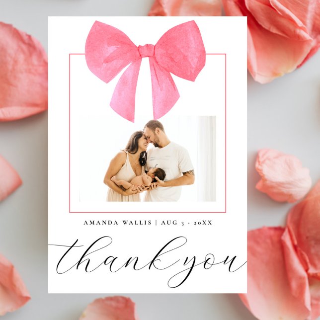 Watercolor Pink Bow Foto Baby Shower Gracias (Subido por el creador)