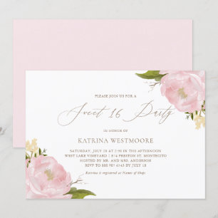 Watercolor Pink Peonies Dulce Dieciséis Invitacion