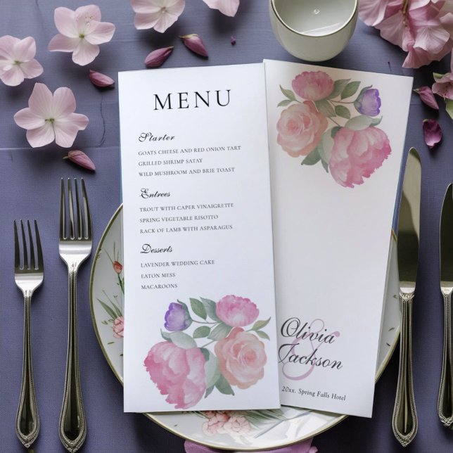  Watercolor Pink Rose & Peonie Wedding Menu (Subido por el creador)