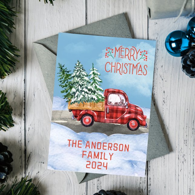 Watercolor Plaid Red Truck Nieve Feliz Navidad (Watercolor Plaid Red Truck Snow Merry Christmas Holiday Card
)