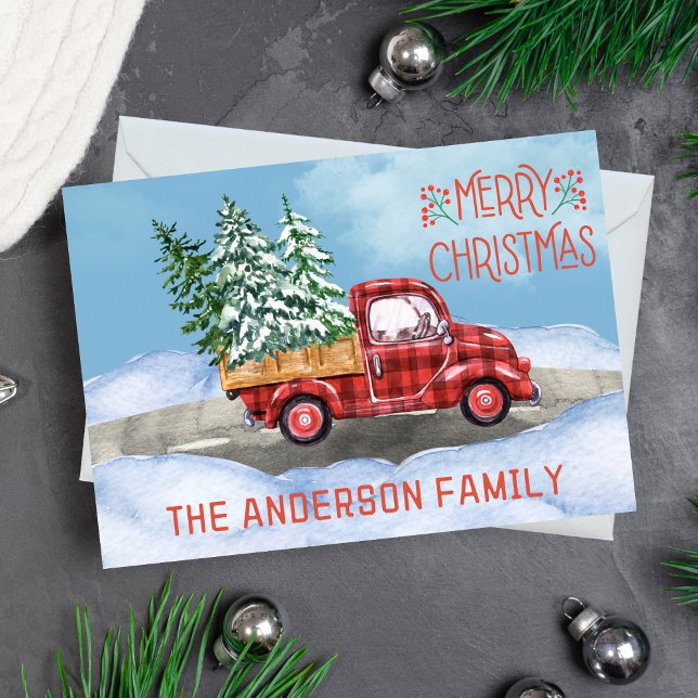 Watercolor Plaid Red Truck Nieve Feliz Navidad (watercolor Merry Christmas card with red and black buffalo plaid truck carrying Christmas trees)