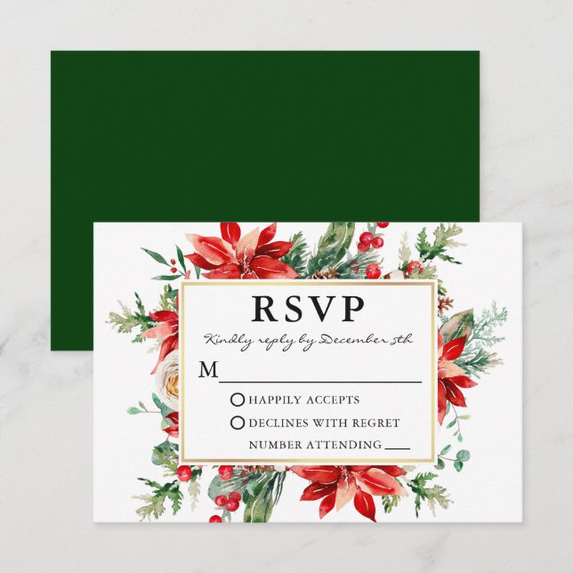 Watercolor Poinsettia Floral Green Wedding RSVP (Anverso / Reverso)