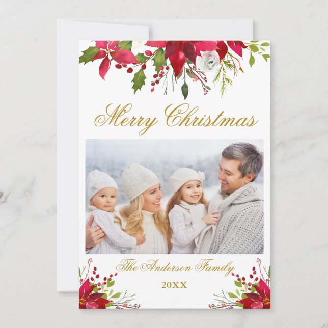 Watercolor Poinsettia Floral Photo Navidad Gold (Anverso)