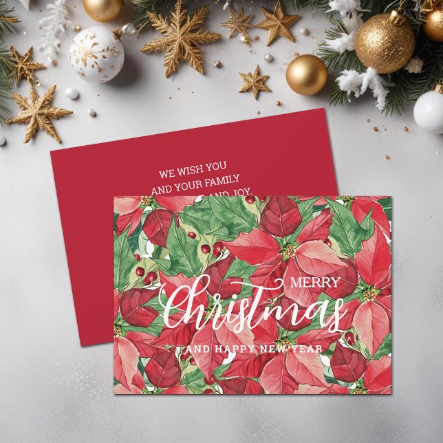 Watercolor Poinsettias Feliz Navidad (Watercolor Poinsettias Merry Christmas Flat Holiday Greeting Cards)
