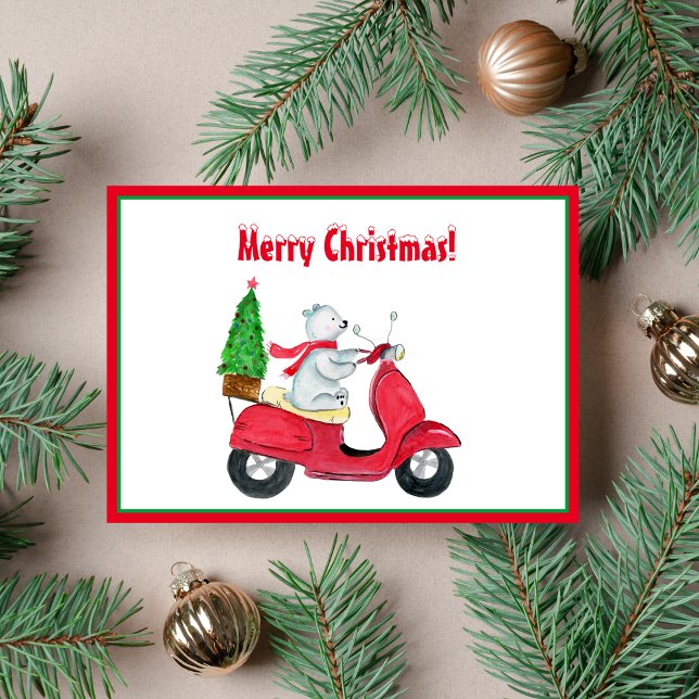 Watercolor Polar Bear Navidad Scooter (A Polar Bear Christmas greeting.)