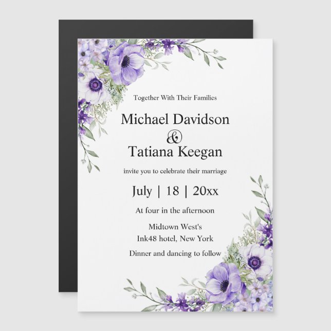 watercolor purple floral wedding invitation magnet (Anverso/Reverso)