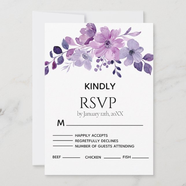 Watercolor purple flower bouquet RSVP card (Anverso)