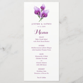 Watercolor Púrpura Calla Lily Floral Menú Boda