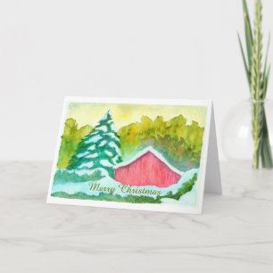 Watercolor Red Barn Invierno Nieve Feliz Navidad