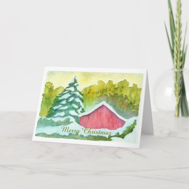 Watercolor Red Barn Invierno Nieve Feliz Navidad (Anverso)