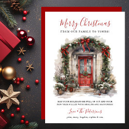 Watercolor Red Front Door Feliz Navidad