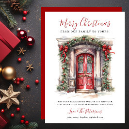 Watercolor Red Front Door Feliz Navidad