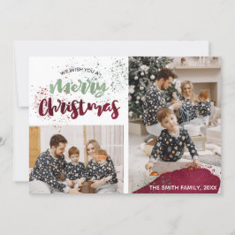 Watercolor Red Green Family Foto Feliz Navidad