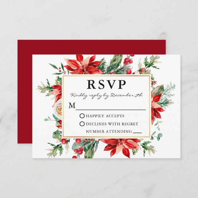 Watercolor Red Poinsettia Floral Wedding RSVP (Anverso / Reverso)
