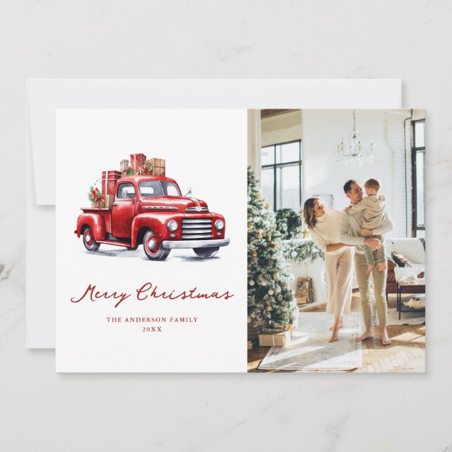 Watercolor Red Truck Foto Tarjeta navideña Merry (Anverso)