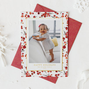 Watercolor Red Winterberry Happy Holidays Photo
