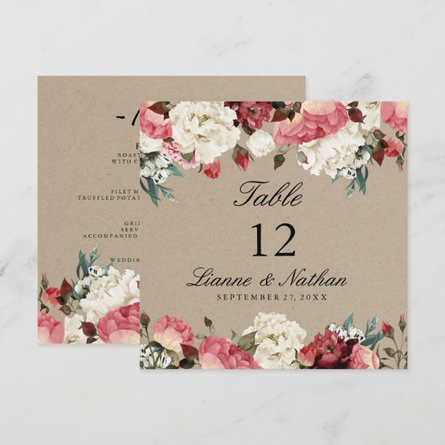 Watercolor Rustic Peony Floral Table + Tarjeta de  (Anverso / Reverso)