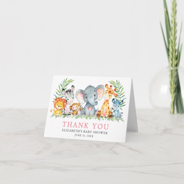 Watercolor Safari Animales Baby Shower Nota Rosa (Anverso)