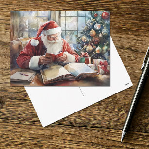 Watercolor Santa revisando su tarjeta de vacacione