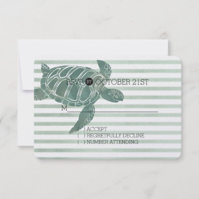 Watercolor Sea Turtle Stripes Wedding RSVP (Anverso)