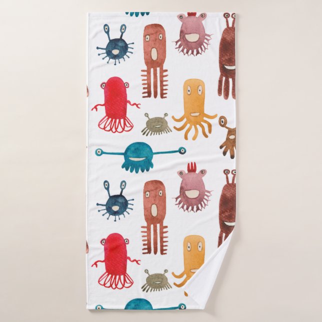 Watercolor seamless pattern of funny monsters and  (Toalla de baño)