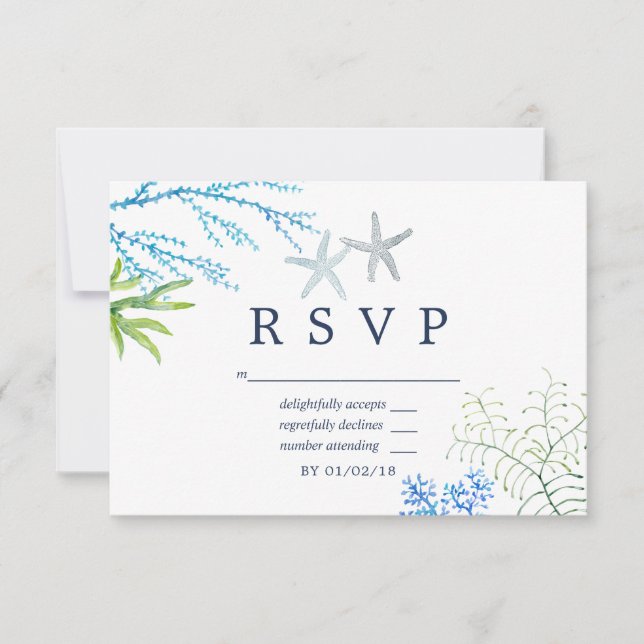 Watercolor Seaweed Beach Tema Boda RSVP (Anverso)