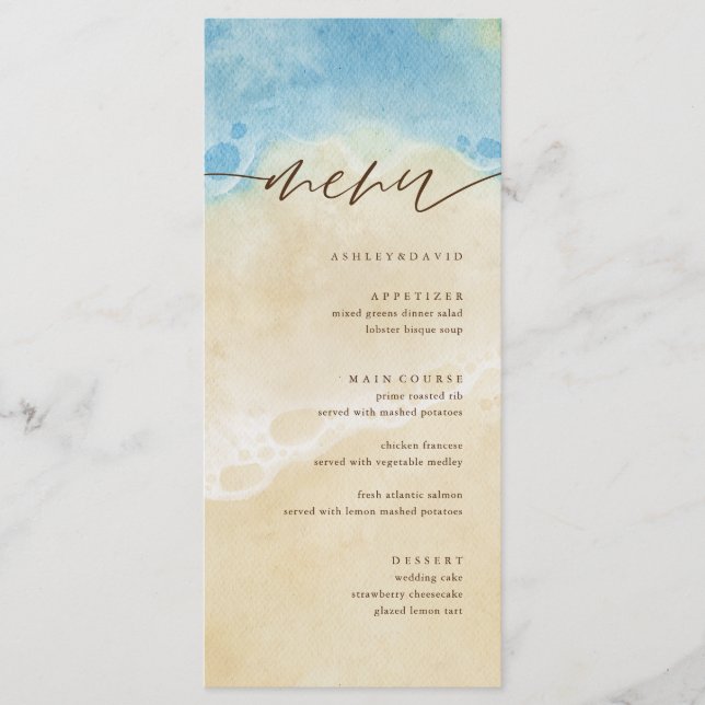 Watercolor SummerCoastal Beach Wedding Menu (Anverso)