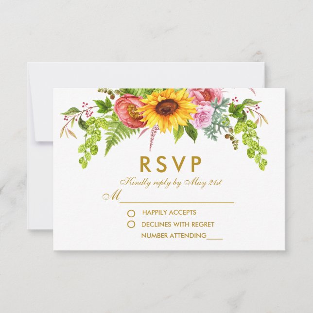 Watercolor Sunflower Floral Gold Wedding RSVP (Anverso)