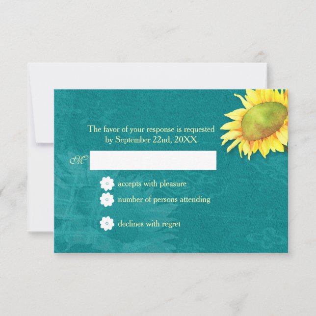 Watercolor Sunflower Rustic Blue Jade Wedding RSVP (Anverso)