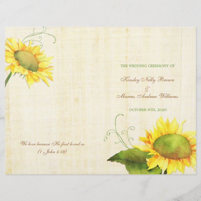 Watercolor Sunflowers Boda Bi Fold Programas (Anverso)
