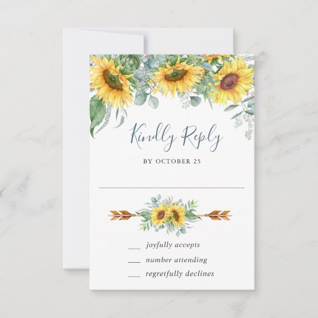 Watercolor Sunflowers Eucalyptus Wedding RSVP Card (Anverso)