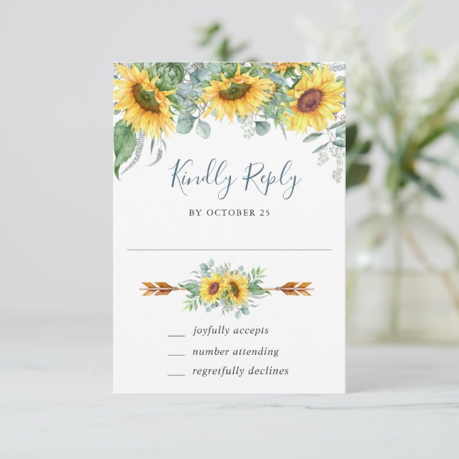 Watercolor Sunflowers Eucalyptus Wedding RSVP Card (Anverso de pie)