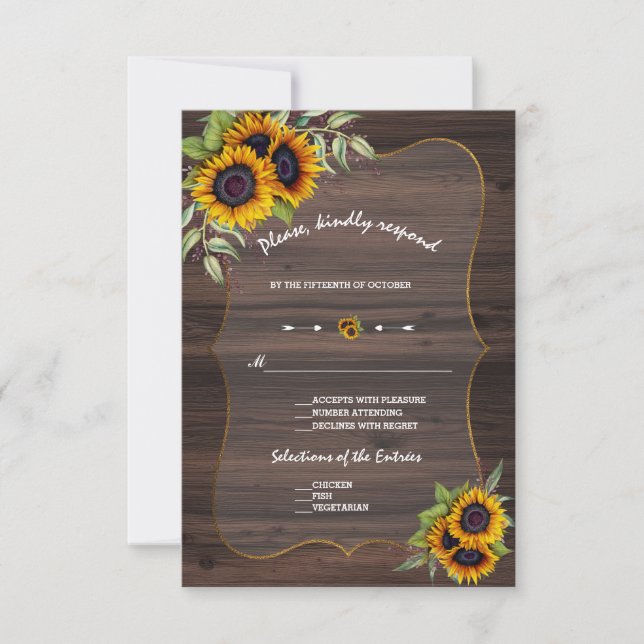 Watercolor Sunflowers Wood Wedding RSVP (Anverso)