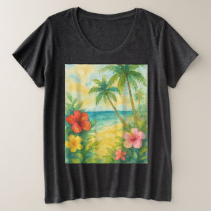 Watercolor Tropical Beach Landscape Palms