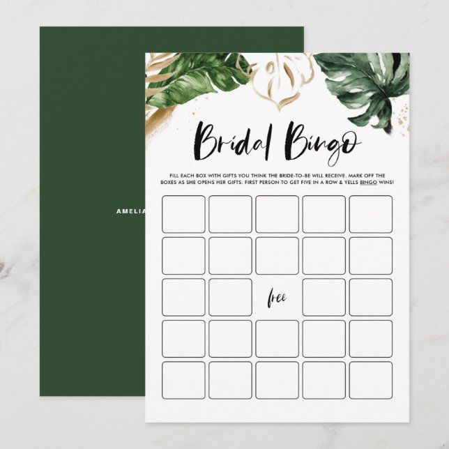 Watercolor Tropical Bridal Shower Bingo Tarjeta de (Anverso / Reverso)