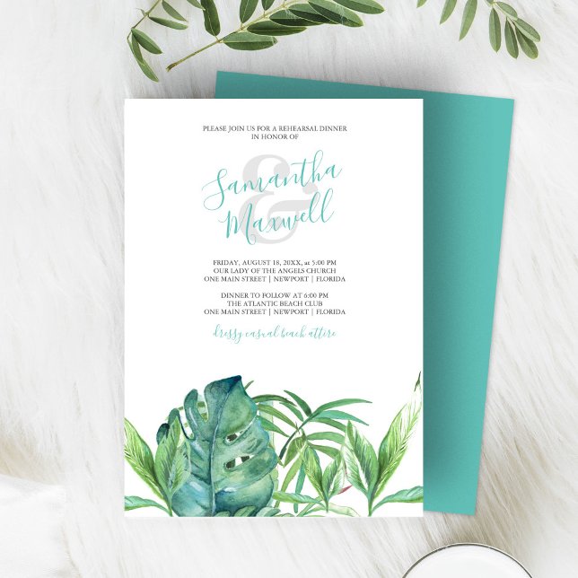Watercolor Tropical Leaves Rehearsal Dinner (tropical beach wedding invitations features watercolor palm leaves in shades of green. )
