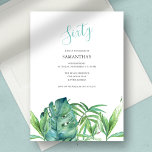 Watercolor Tropical Sale 60 cumpleaños<br><div class="desc">Esta sencilla invitación al aire libre de los años 60 presenta la palabra Sixty en una elegante tipografía manuscrita con detalles del evento en una fuente clásica de serif de carbón gris sobre un fondo blanco fresco. Una réplica de mi palmera acuarela original y hojas de monstera en tonos verdes...</div>