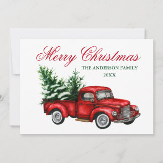 Watercolor Vintage Camión Rojo Feliz Navidad