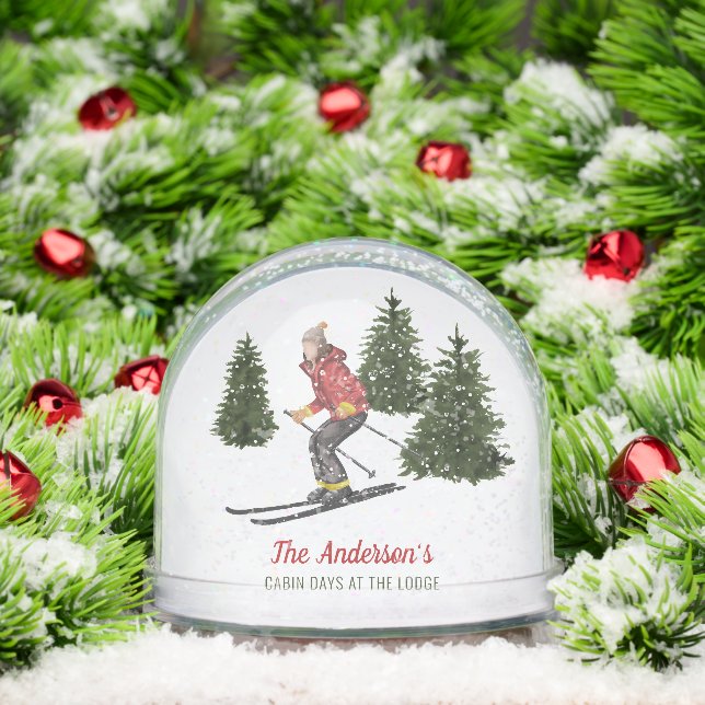 Watercolor Winter Ski Woman Custom Family Name (Navidad)