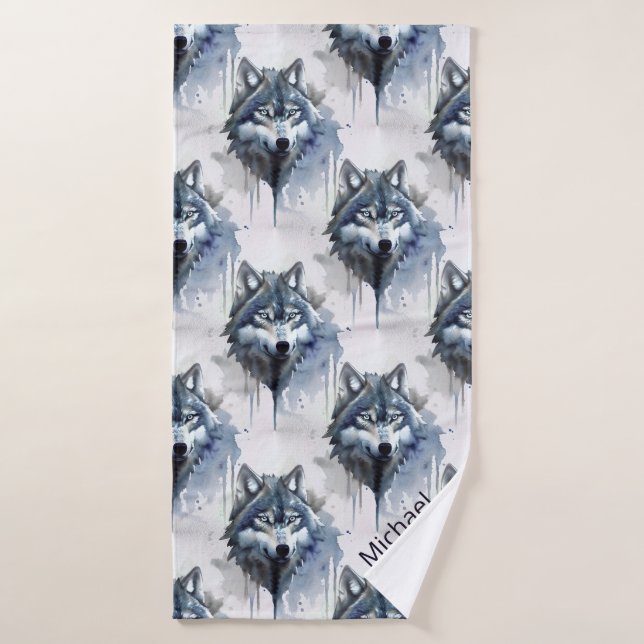 Watercolor Wolf Head Dusty Blue (Toalla de baño)