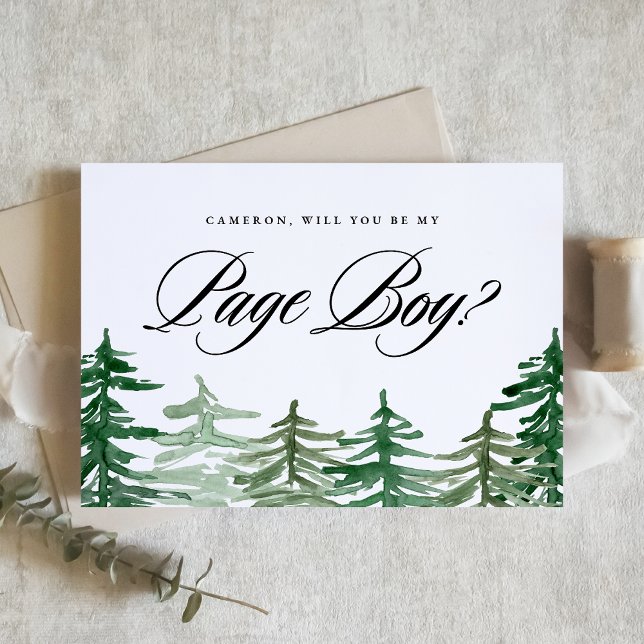 Watercolor Woodland Serás Mi Amigo ( Customizable Woodland "Will You Be My Page Boy?" Card featuring enchanting watercolor forest.)