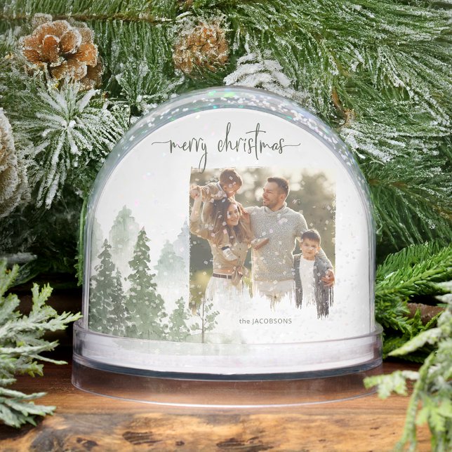 Watercolor Woods Merry Christmas Photo Snow Globe (Subido por el creador)
