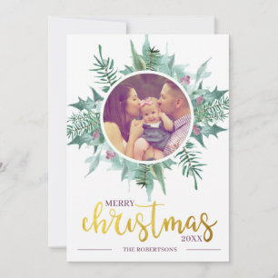 Watercolor Wreath Photo Gold Feliz Navidad