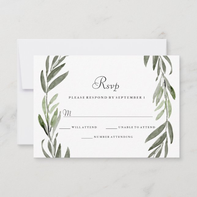 WatercolorGreen Leaf Wreath Wedding RSVP (Anverso)