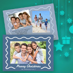 Wavy Border Feliz Navidad 3 Fotos Azul<br><div class="desc">Esta tarjeta de Navidades fotográficos con un retro borde blanco ondulado sobre un polvoriento fondo azul ofrece espacio para 3 fotos y un mensaje personal.</div>