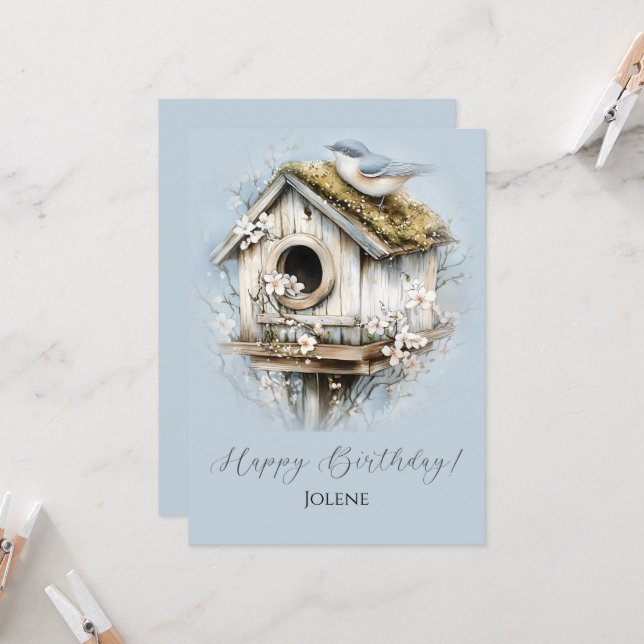 Weathered Birdhouse and Bird Happy Birthday | (Anverso/Reverso In Situ)