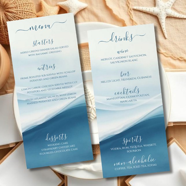 Wedding Dinner and Bar Menu Serene Blue Beach   (Wedding Dinner and Bar Menu Serene Blue Abstract Modern Beach Wedding)